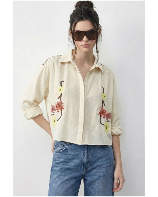 Bianco Lucci Natural Embroidered Crop Shirt With Button Closure