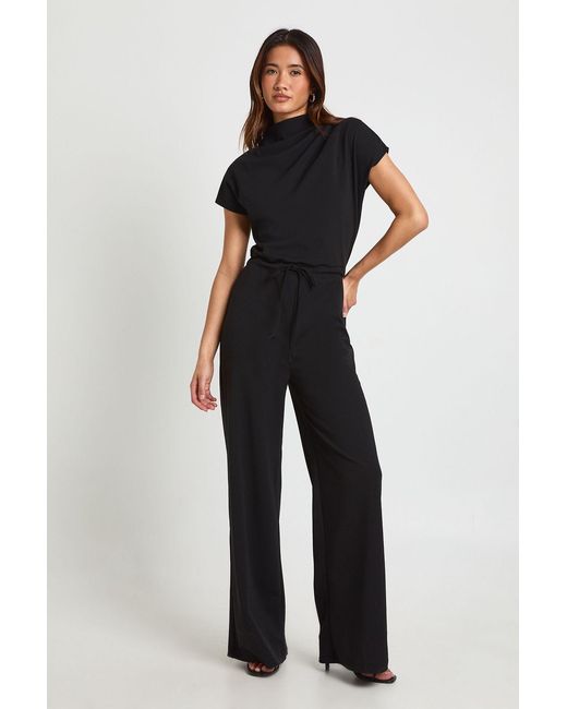 Boohoo Blue Crepe Grown On Neck Drawstring Waistband Wide Leg Jumpsuit
