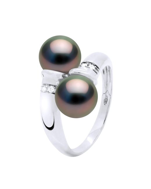 Ateliers Saint Germain Metallic Ring You & Me Diamonds 0,06 Cts 2 Real Cultured Tahiti Pearls Round 8-9 Mm