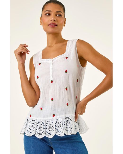 Roman White Strawberry Embroidered Crinkle Vest Top