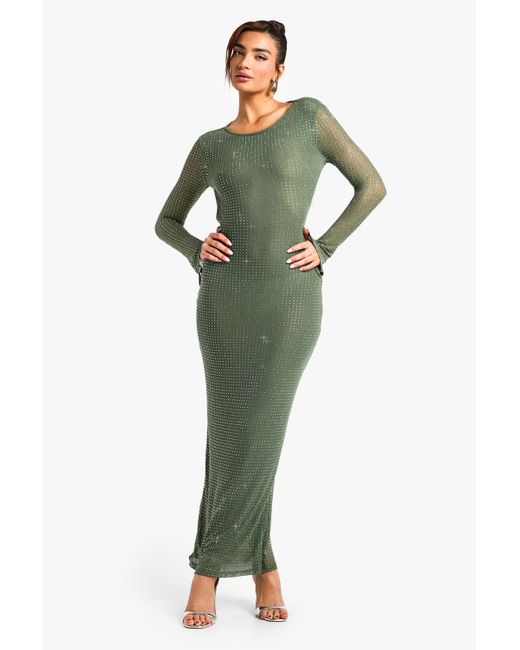 Boohoo Green Hotfix High Neck Maxi Dress