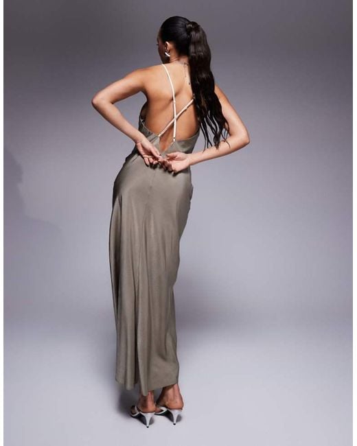ASOS Gray Satin Cami Maxi Dress With Colourblock Bodice