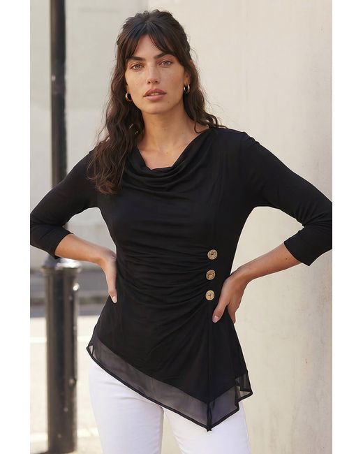 Roman Black Button Detail Chiffon Hem Top