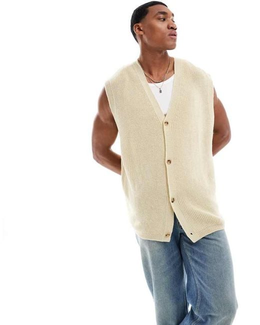 ASOS Natural Oversized Knitted Sleeveless Rib Cardigan for men