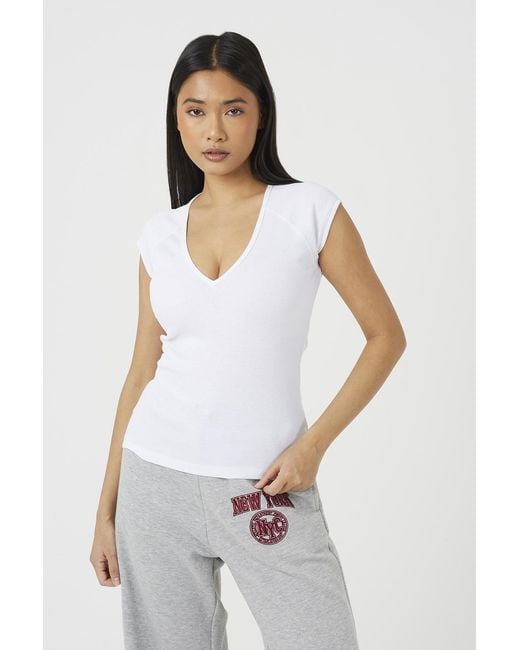 Brave Soul White Cap Sleeve V-Neck Fitted T-Shirt