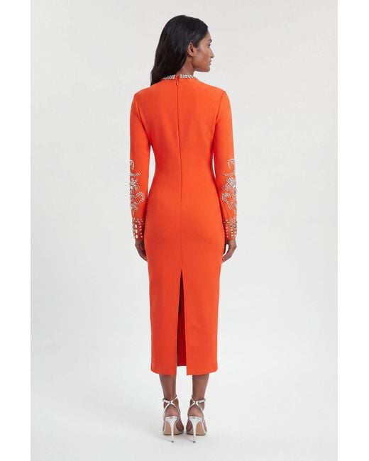 Karen Millen Red Figure Form Bandage Knit Embellished Wide Sleeve Midi Dress