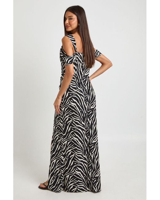 Boohoo Multicolor Zebra Print Chiffon Cold Shoulder Ruched Side Maxi Dress