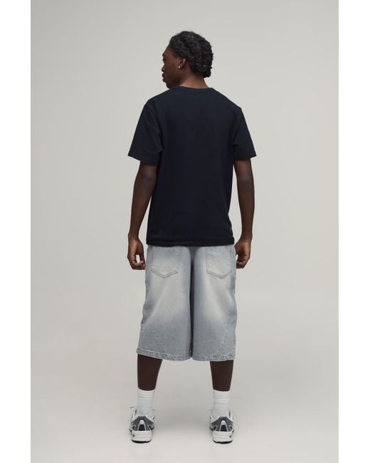 BoohooMAN Gray Longline Varsity Print Contrast Denim Jorts for men