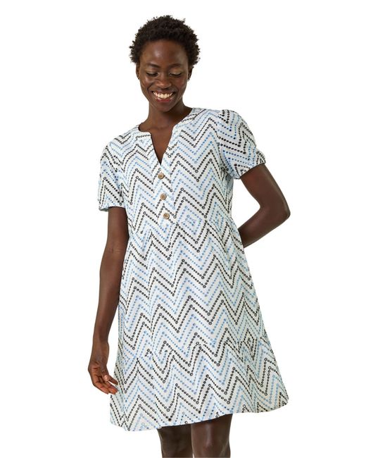 Roman White Zig-Zag Embroidered Cotton Tunic Dress