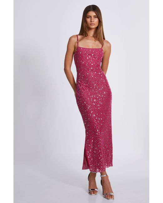 Quiz Red Square Neck Embellished Maxi Dress