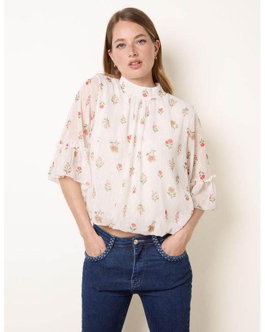 Blue Vanilla Blue High Neck Frill Sleeve Dobby Floral Print Puffball Blouse