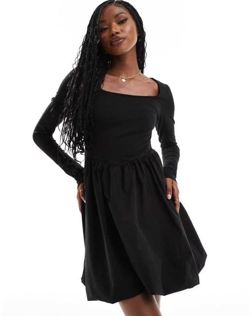 ASOS Black Square Neck Long Sleeve Mini Dress With Bubble Hem