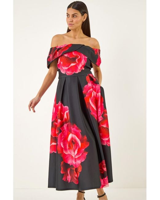 Roman Red Floral Print Premium Stretch Midi Dress