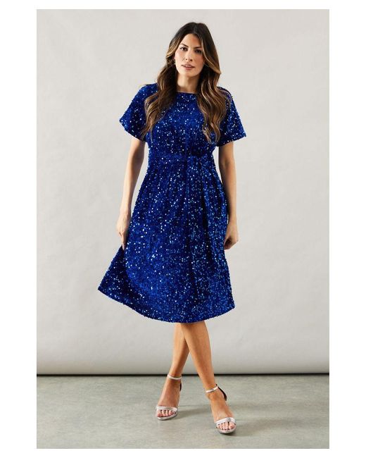 Wallis Blue Velvet Sequin Puff Sleeve Midi Dress