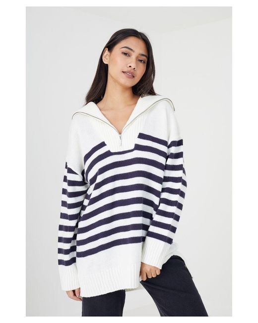 Brave Soul White 'Fashion' Striped Oversized 1/2 Zip Knitted Jumper
