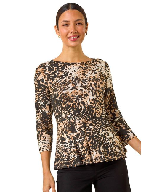 Roman Natural Animal Print Peplum Stretch Top