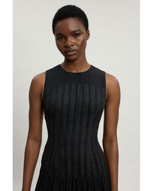 Karen Millen Black Petite Textured Drop Waist Long Sleeve Woven Midi Dress