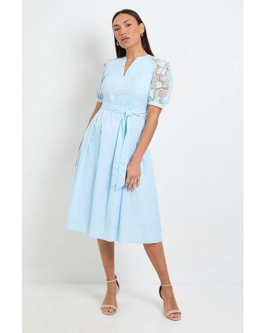 Wallis Blue Petite Cotton Lace Belted Midi Dress