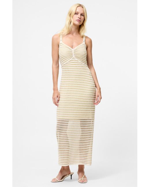 French Connection Natural Cotton Stripe Ruched Chest Braided Straps Midi Dress