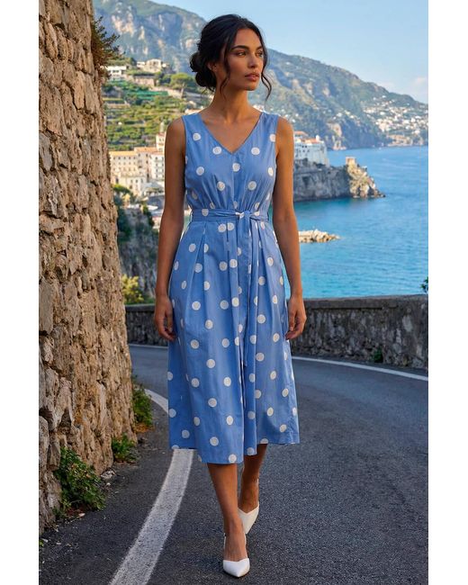 Roman Blue Spot Print Belted Midi Dress