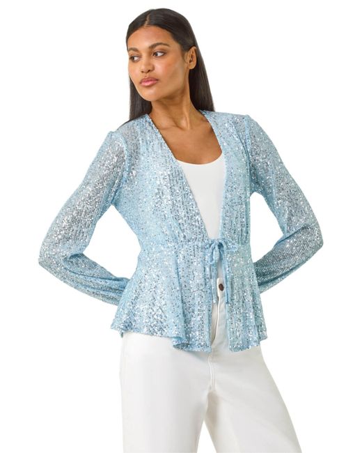 Roman Blue Sequin Tie Front Stretch Top