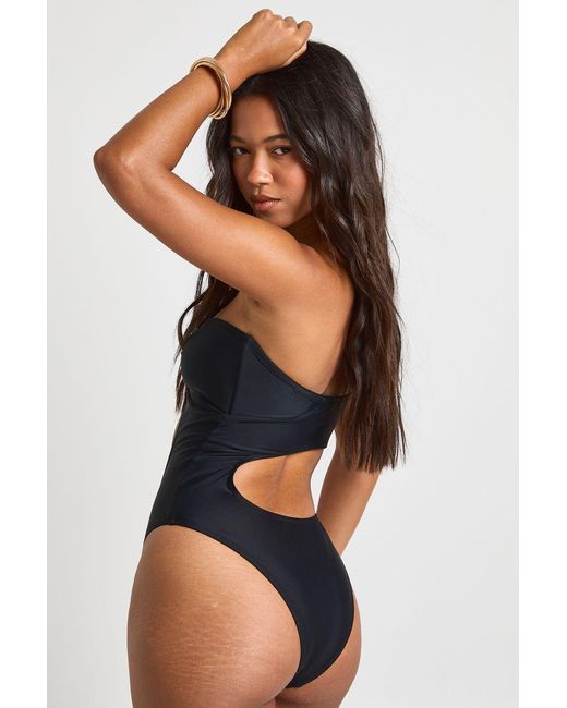 Boohoo Black Asymmetric Trim Centre Cut Out Bandeau Swimsuit