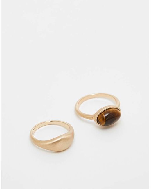 ASOS Natural Pack Of 2 Stone Set Rings With Real Tigers Eye
