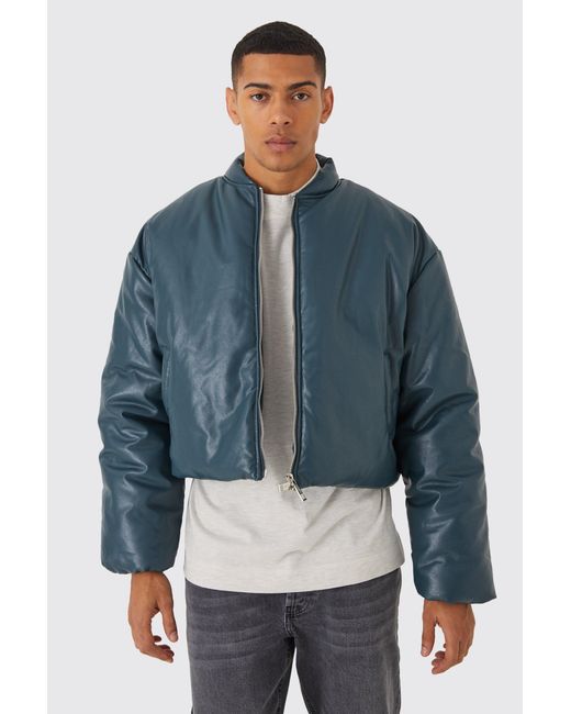 BoohooMAN Blue Boxy Pu Volume Padded Puffer Bomber for men
