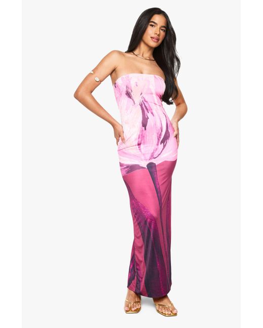 Boohoo Pink Bandeau Floral Printed Slinky Maxi Dress