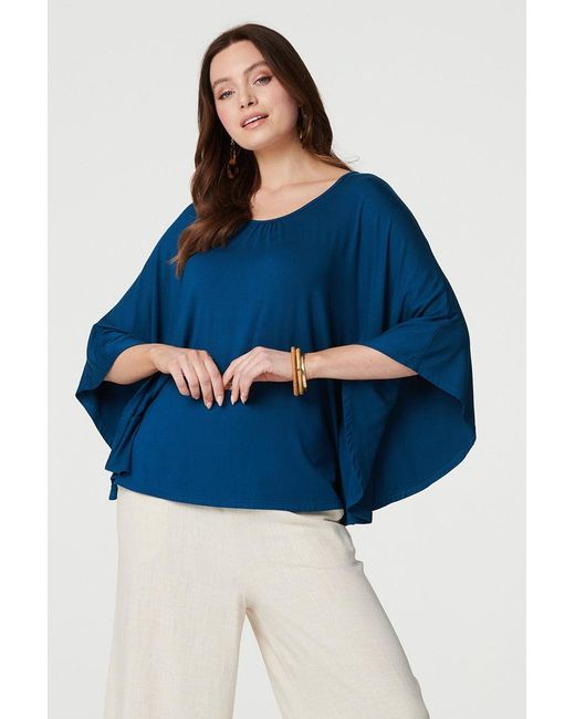 Izabel London Blue Plain Round Neck 3/4 Batwing Top