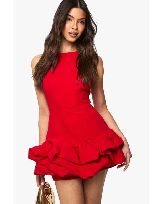 Boohoo Red Structure Ruffle Skort Romper