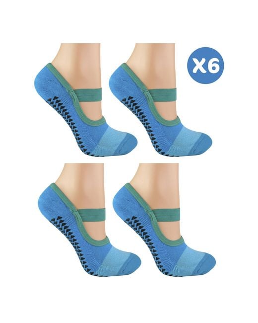 Sock Snob Blue 6 Pack Ladies Non Slip Yoga Socks With Straps