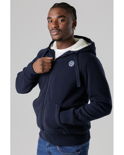 Tokyo Laundry Blue Dark Brushed Back Fleece Zip-Through Hoody With Borg Lining for men