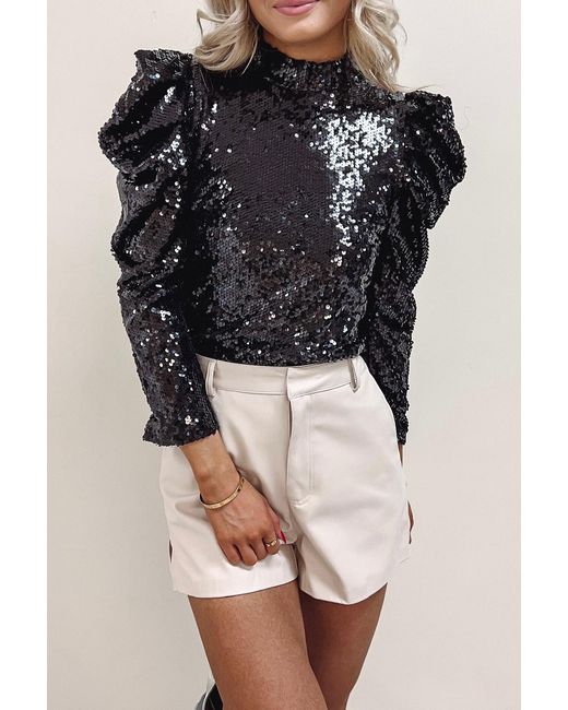 Everyday the Label Black Sequin Mock Neck Bubble Sleeve Top