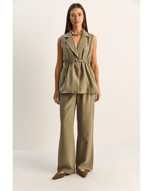 Bianco Lucci Natural High Waist Wide Leg Co-Ord Set With Jacket Collar
