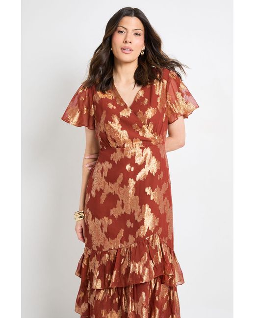 Wallis Red Metallic Ruffle Hem Midi Dress