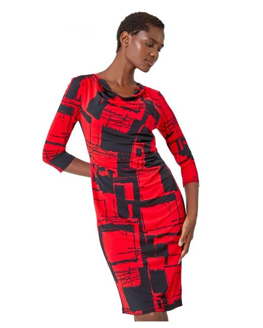 Roman Red Abstract Print Cowl Neck Stretch Dress