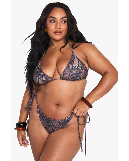 Boohoo Brown Plus Print Tie Side Triangle Bikini Bottoms