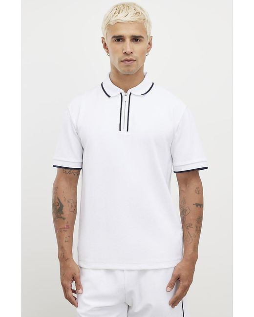 River Island White Polo Shirt Slim Fit Textured Zip Tipped for men