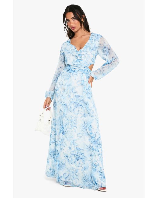 Boohoo Blue Petite Floral Chiffon Volume Sleeve Maxi Dress