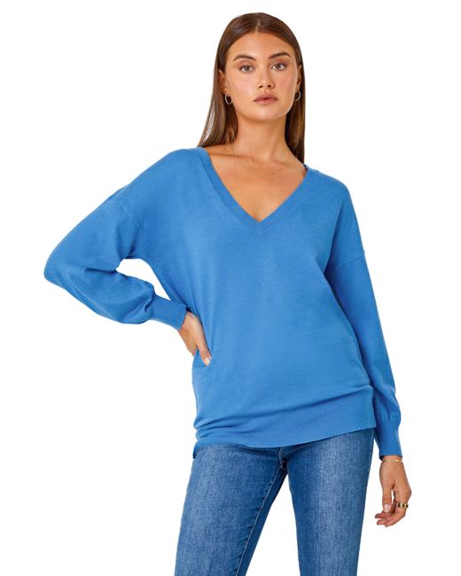 Roman Blue Plain V-Neck Stretch Jumper