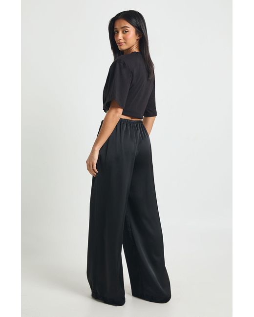 Boohoo Blue Petite Satin Lace Trim Wide Leg Trousers