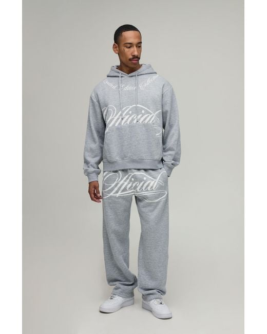 BoohooMAN Gray Oversized Boxy Official Printed Hoodie & Straight Fit Jogger Tracksuit for men
