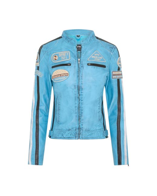 Infinity Leather Blue Biker Racing Badges Jacket-Eastleigh