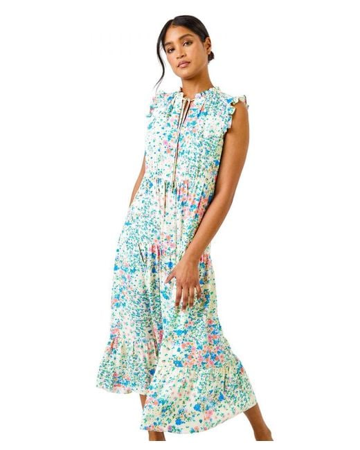 Roman Blue Ditsy Floral Print Frill Detail Maxi Dress