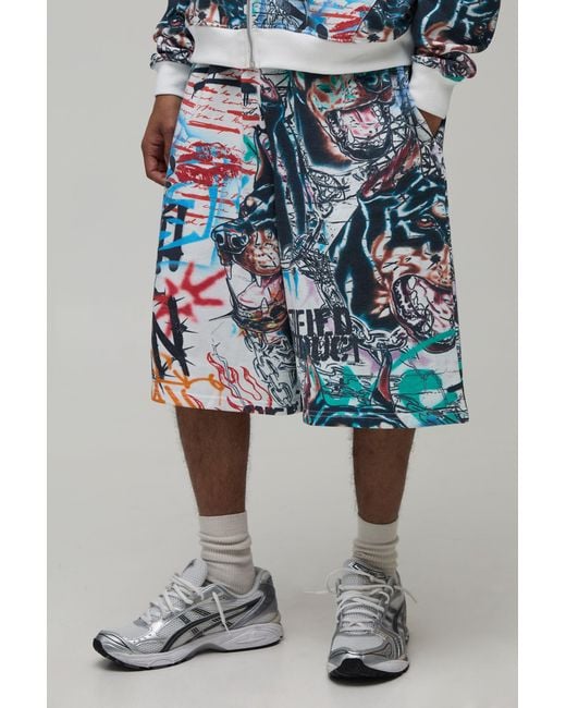 BoohooMAN Blue All Over Graffiti Bermuda Jort for men