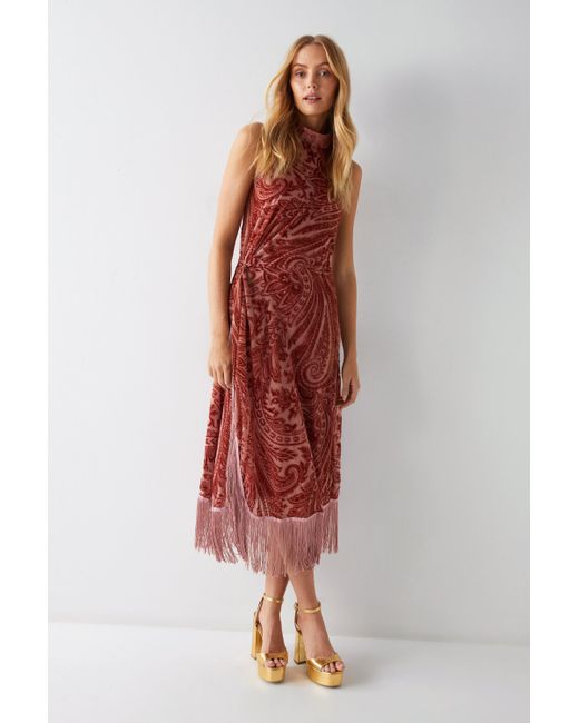 Warehouse Red Paisley Devore Fringe Halterneck Dress