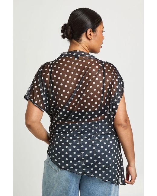 Boohoo Blue Plus Mesh Polka Dot High Neck Ruched Side Asymmetric Top