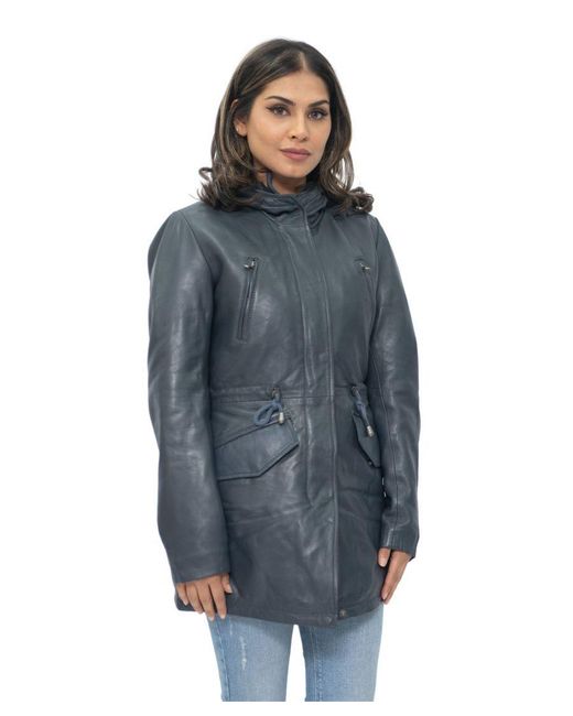 Infinity Leather Blue Hooded Parka Jacket-Bucharest