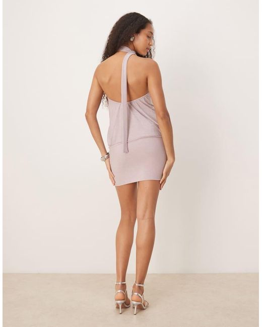 Motel Pink Joanka Shimmer Tie-Neck Mini Dress